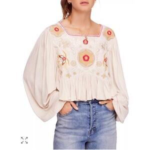 Free People Claudine Embroidered Top Boho Peasant Blouse Balloon Sleeve Small